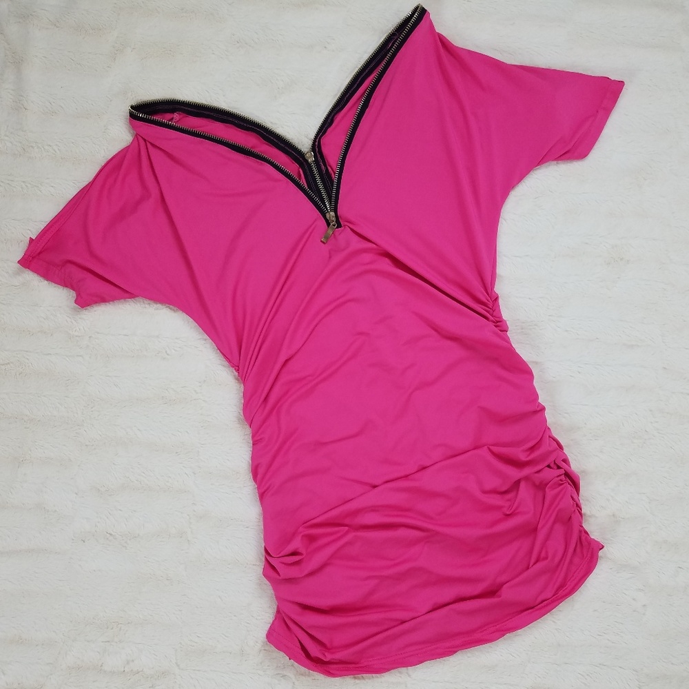 Hot Pink Ruched Zipper Dress